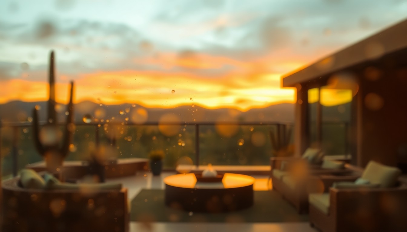 An extremely blurred, impressionistic photograph showing the warm, hazy outline of a desert landscape with distant mountains, conveying a sense of peaceful solitude and natural beauty.
