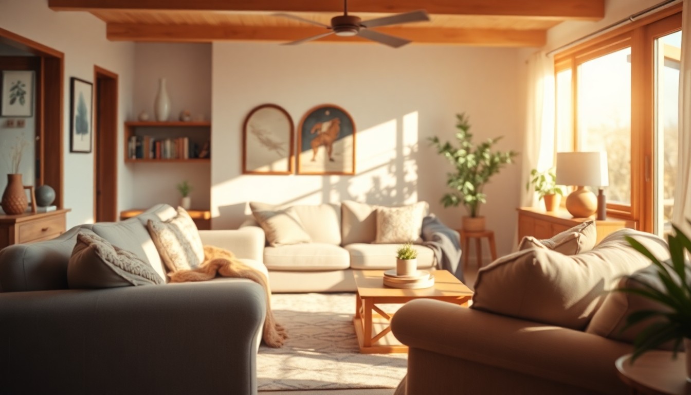 An abstract, out-of-focus photograph featuring soft pools of warm light and color, conceptually representing the comfortable and inviting atmosphere of a well-appointed living room.
