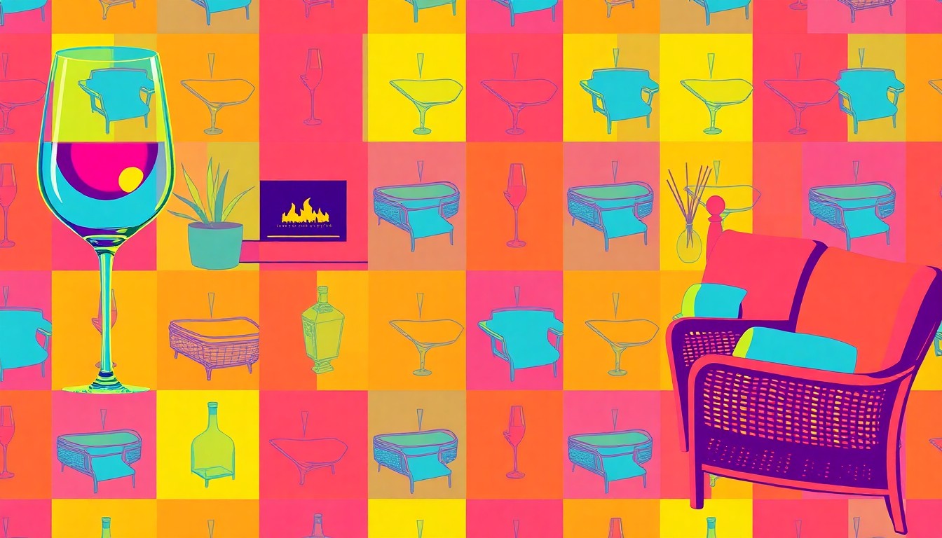 A brightly colored, high-contrast silkscreen print of a single, iconic luxury home object such as a wine glass or outdoor patio furniture, repeated in a tight grid pattern to capture the sophisticated and stylish nature of the property.