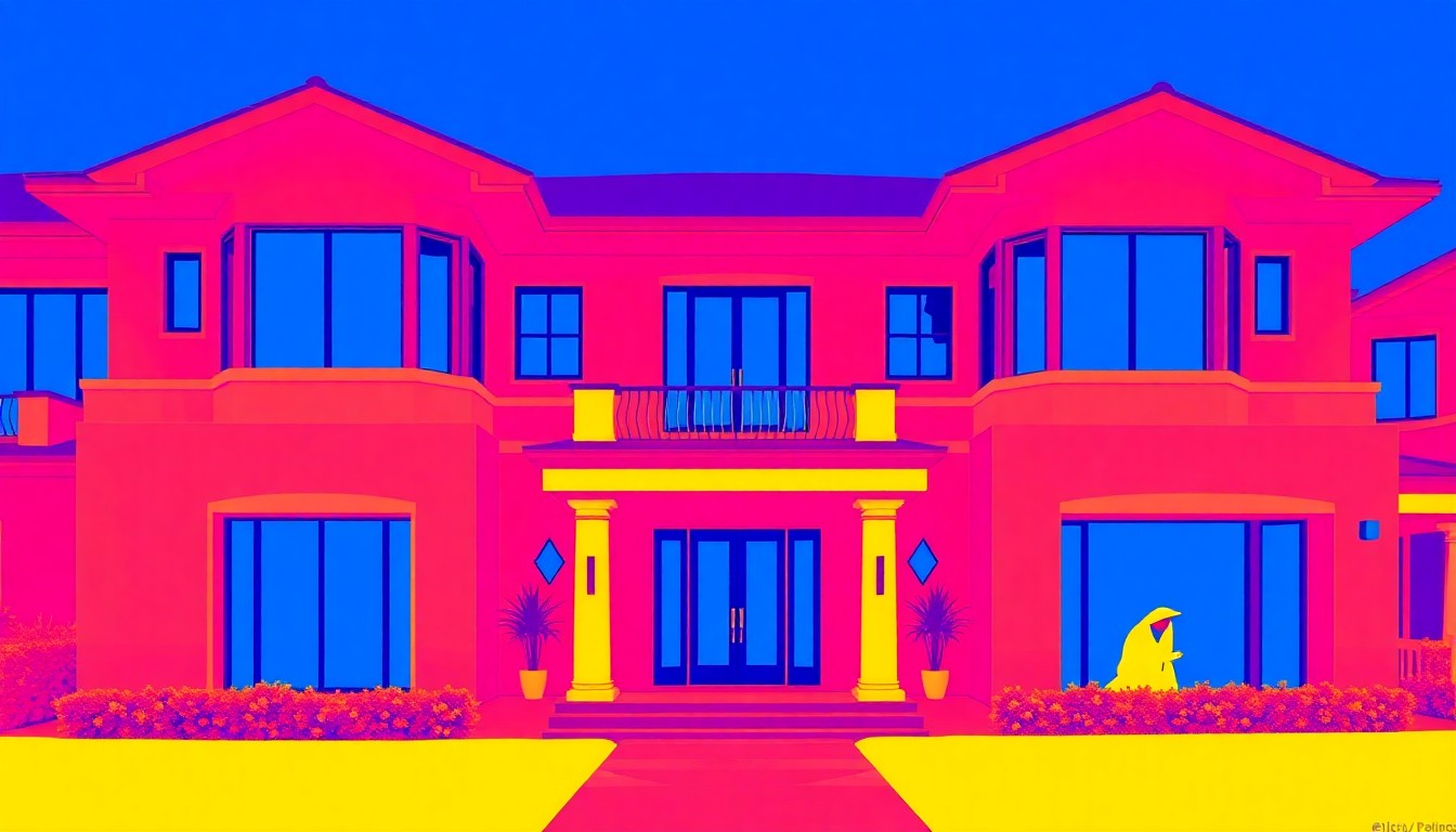 A brightly colored, high-contrast silkscreen-style illustration of the exterior of a luxury home, with the architectural details repeated in a grid pattern using a bold, neon color palette.