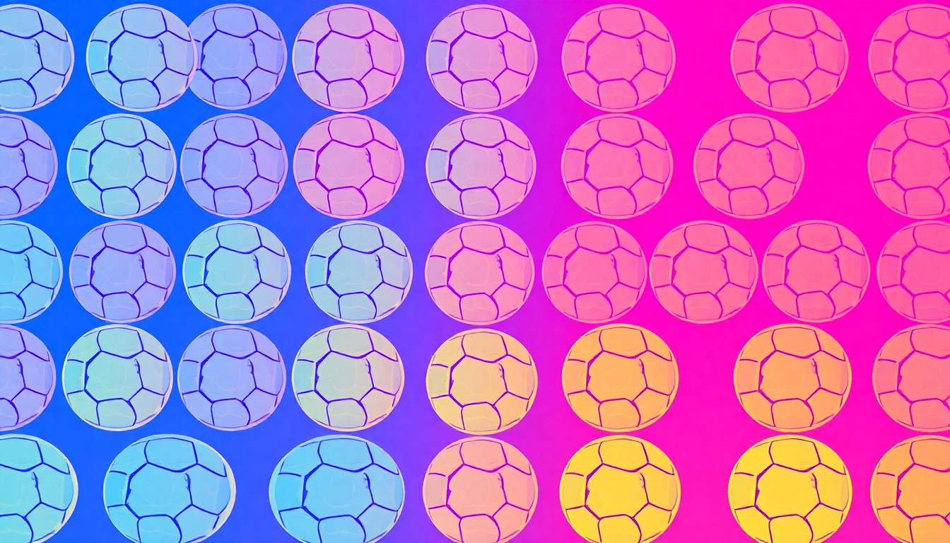 A bold, abstract silkscreen print featuring a repeating pattern of a neon blue, pink, and yellow soccer ball, conveying the energy and excitement of the college's new athletic facilities.