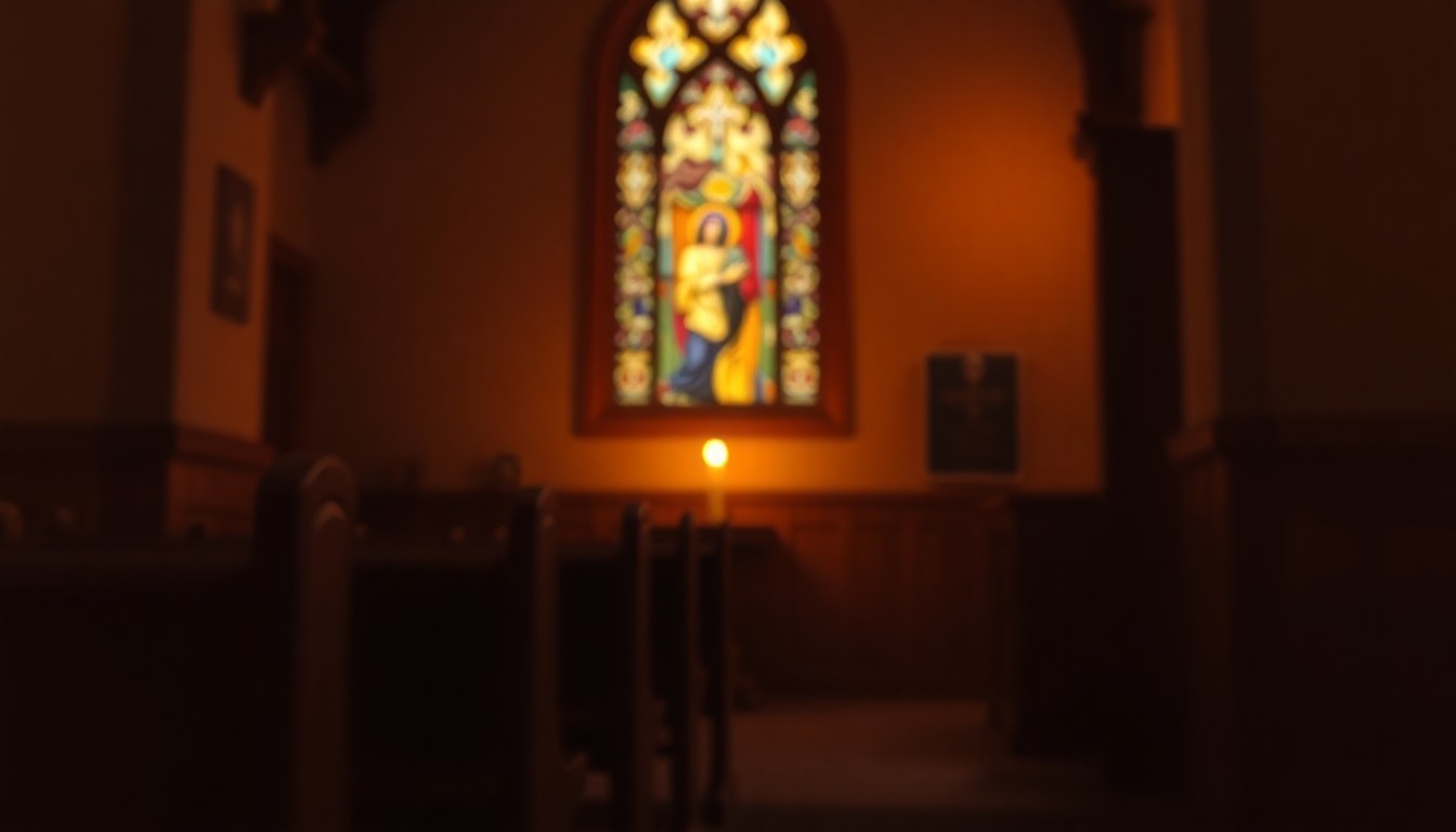 An abstract, impressionistic photograph in soft, hazy tones depicting the interior of a church, with hints of a pew, a stained glass window, and a flickering candle, conveying a sense of reverence and community.