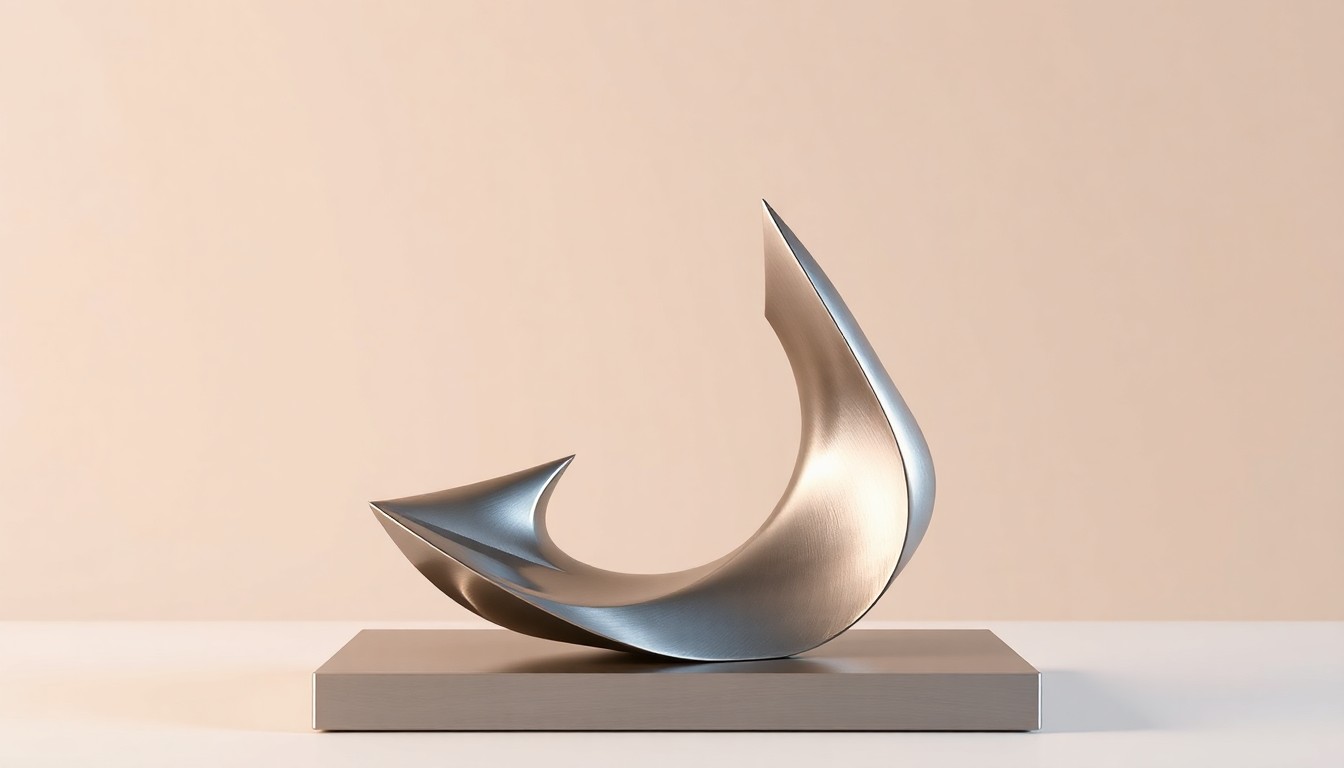 A minimalist, photorealistic studio still-life photograph featuring a sleek, geometric sculpture made of brushed aluminum, symbolizing the legacy and transition of leadership at a prestigious performing arts organization.