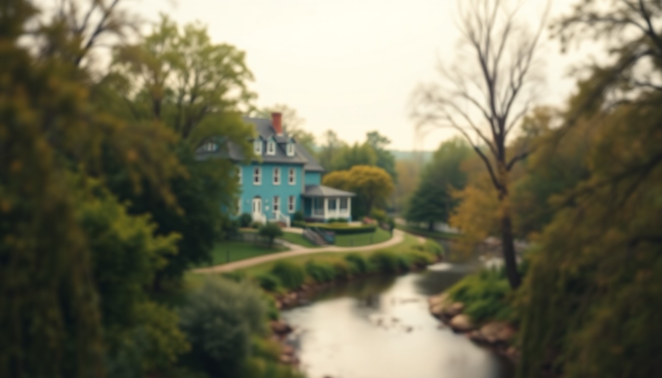 An extremely abstracted, out-of-focus photograph of a historic blue house surrounded by greenery and a river, captured in a warm, soft color palette with hazy, dreamlike quality.