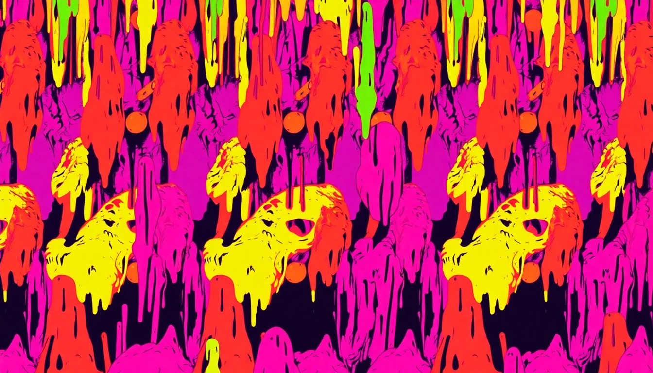 A highly stylized, abstract image featuring repeating patterns of a single cave formation in vibrant neon colors, conceptually representing the unique underground landscape of Laurel Caverns State Park.