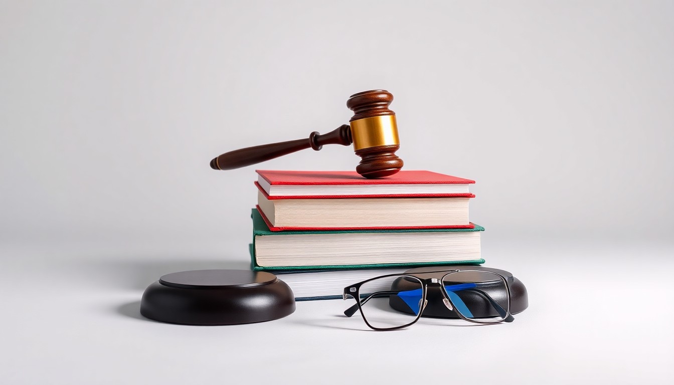 A high-end, photorealistic studio still-life photograph featuring a stack of books, a gavel, and a pair of eyeglasses arranged elegantly on a clean, monochromatic background, conceptually representing the legal expertise and advocacy work of The PuLSE Institute.