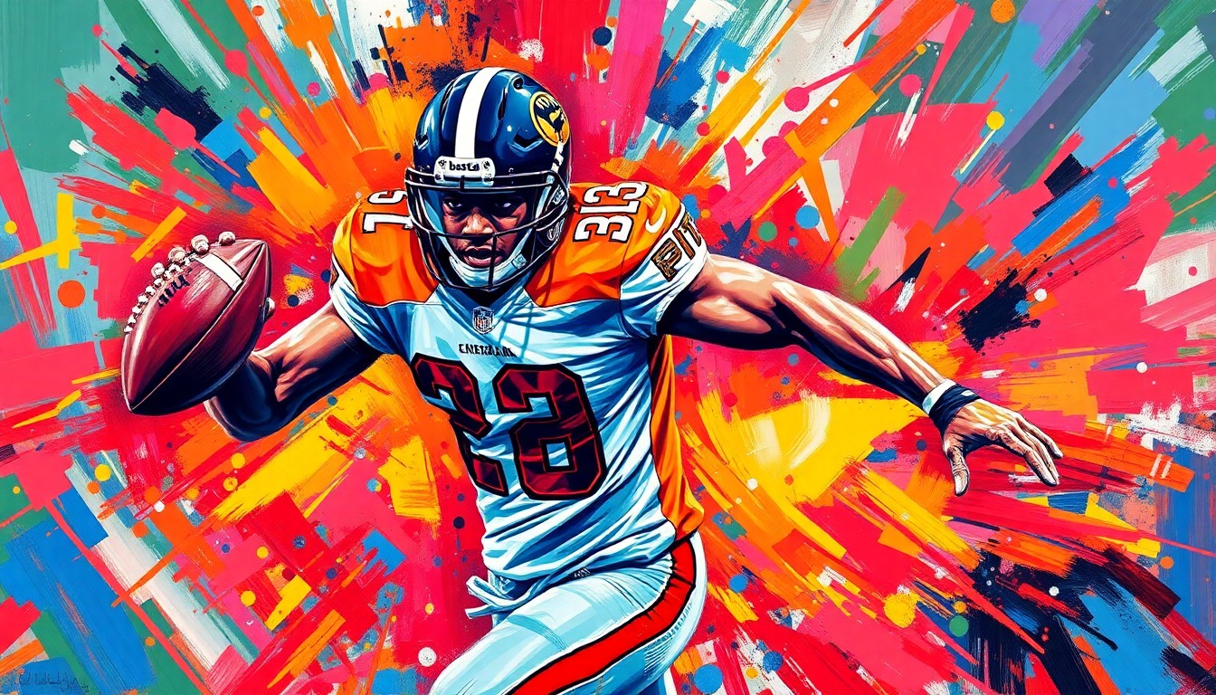 An abstract, energetic painting featuring bold, neon-colored brushstrokes that capture the dynamic movement and intensity of an NFL cornerback in action, conceptually representing Janoris Jenkins' financial success.