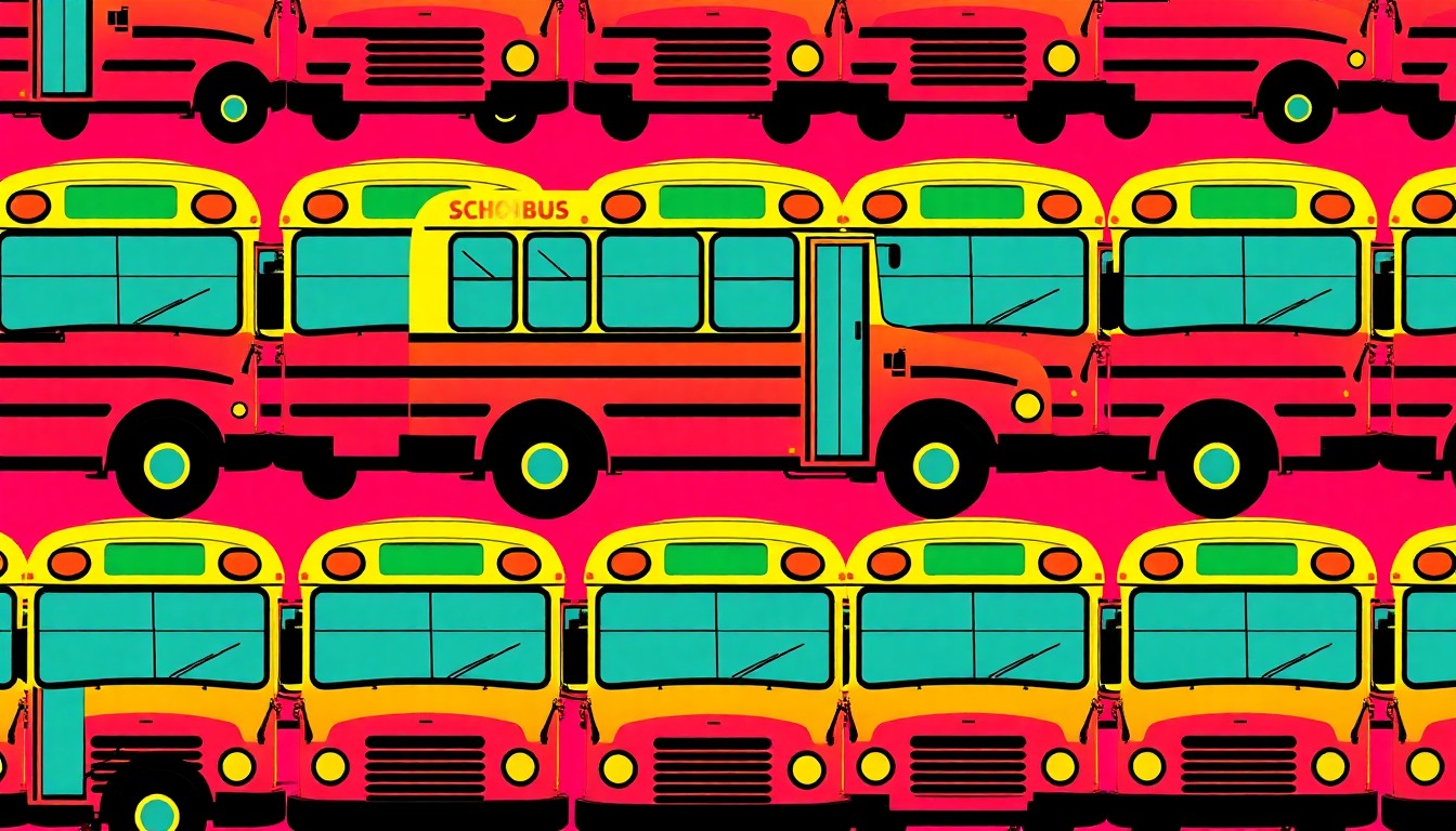 A brightly colored, high-contrast silkscreen print of a school bus icon repeated in a tight grid pattern, in the style of Andy Warhol. The image utilizes flat, vibrant, and unnatural neon color palettes overlapping with heavy black photographic outlines to turn an everyday symbol of education into modern pop art.