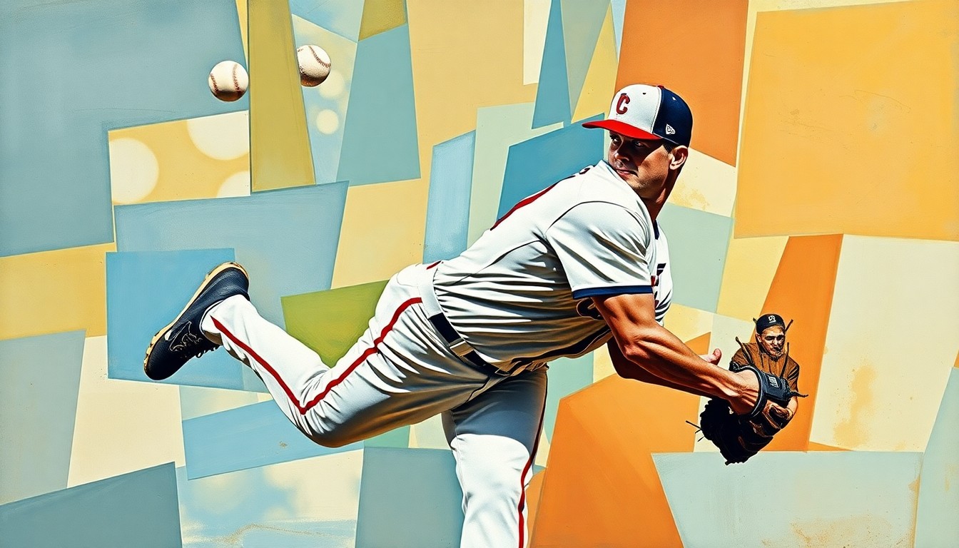 A cubist, geometric painting depicting the fragmented motion of a baseball pitcher, conveying the difficulties of a minor league career.