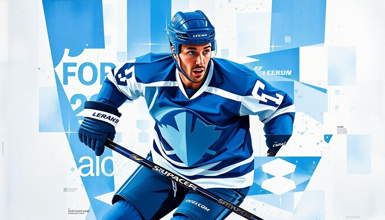 A fractured, geometric painting depicting a hockey player in motion, with sharp planes of blue and white colors representing the player's jersey.