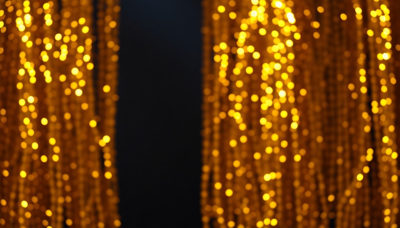 An extreme close-up photograph of shimmering gold sequins reflecting dramatic studio lighting, conceptually representing the glamour and prestige of a major music industry awards show.
