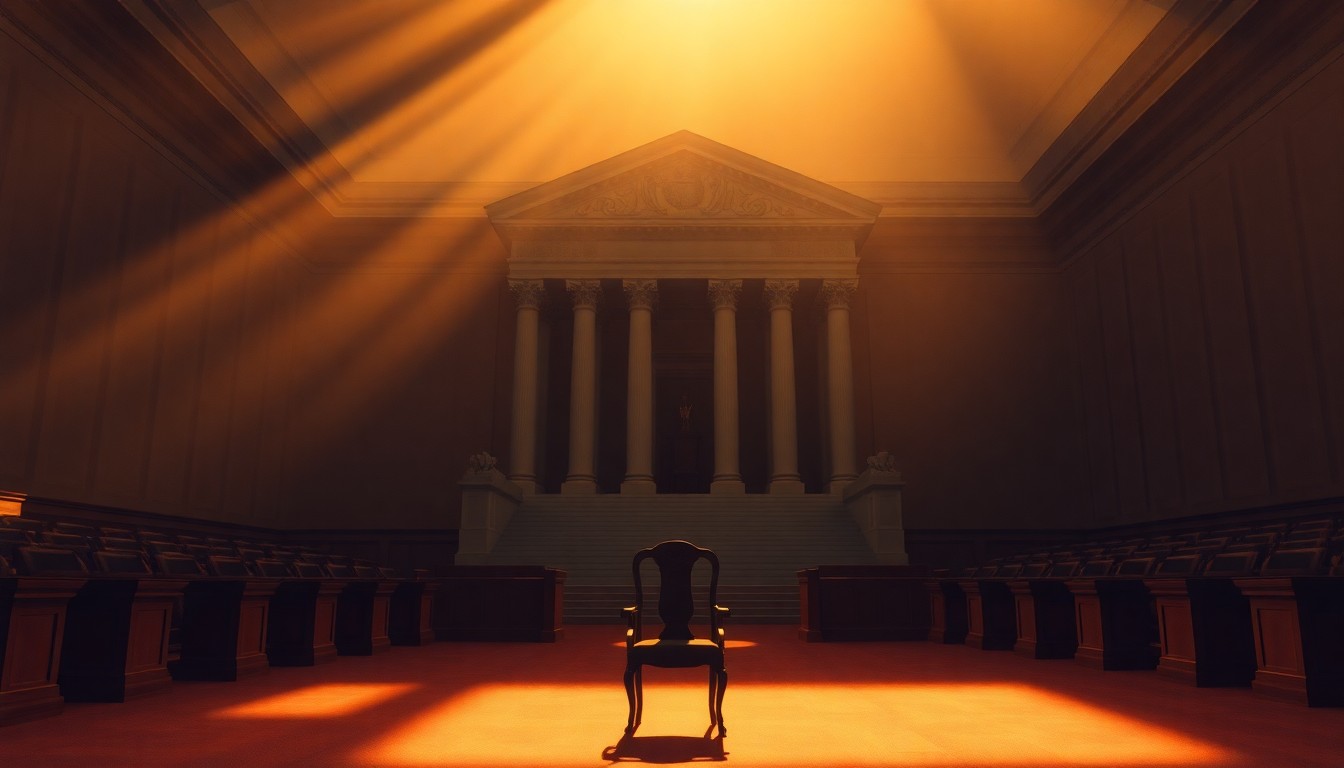 A serene, cinematic painting of an empty Supreme Court chamber, with warm sunlight streaming in through the windows and deep shadows casting a pensive mood. A single chair sits vacant in the foreground, symbolizing the absence of the president's intimidating presence.