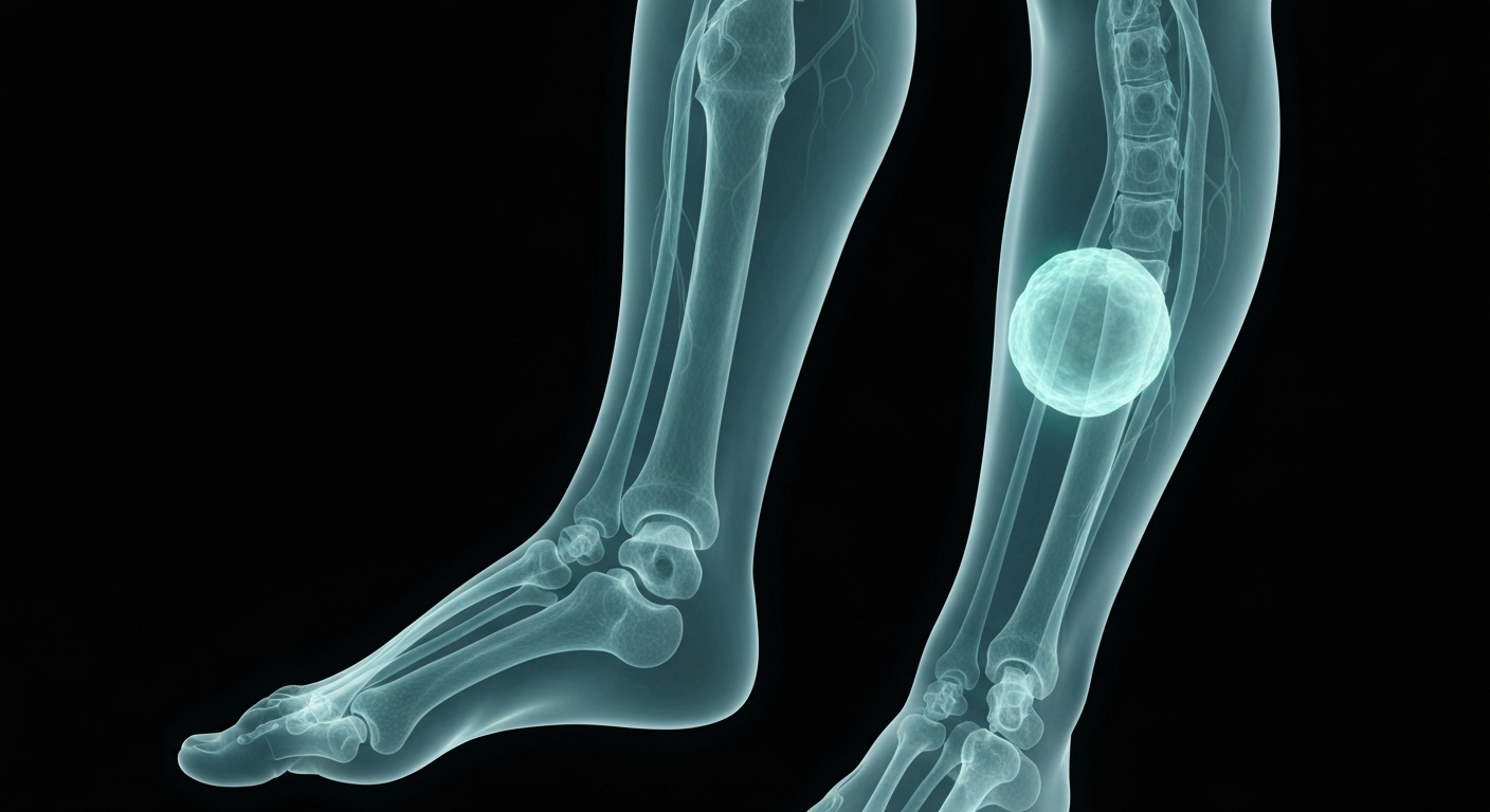 A ghostly, translucent X-ray image of a human leg, revealing the internal structure of the veins and arteries glowing with a faint blue-green light, hinting at the presence of a large, obstructive blood clot.