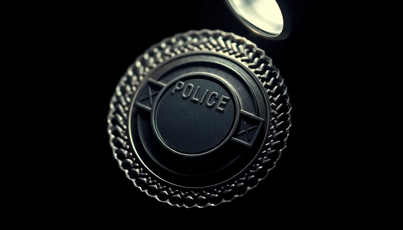 An extreme close-up photograph of a police badge, the metal surface reflecting a harsh, direct flash of light against a pitch-black background, creating a stark, gritty, investigative aesthetic.