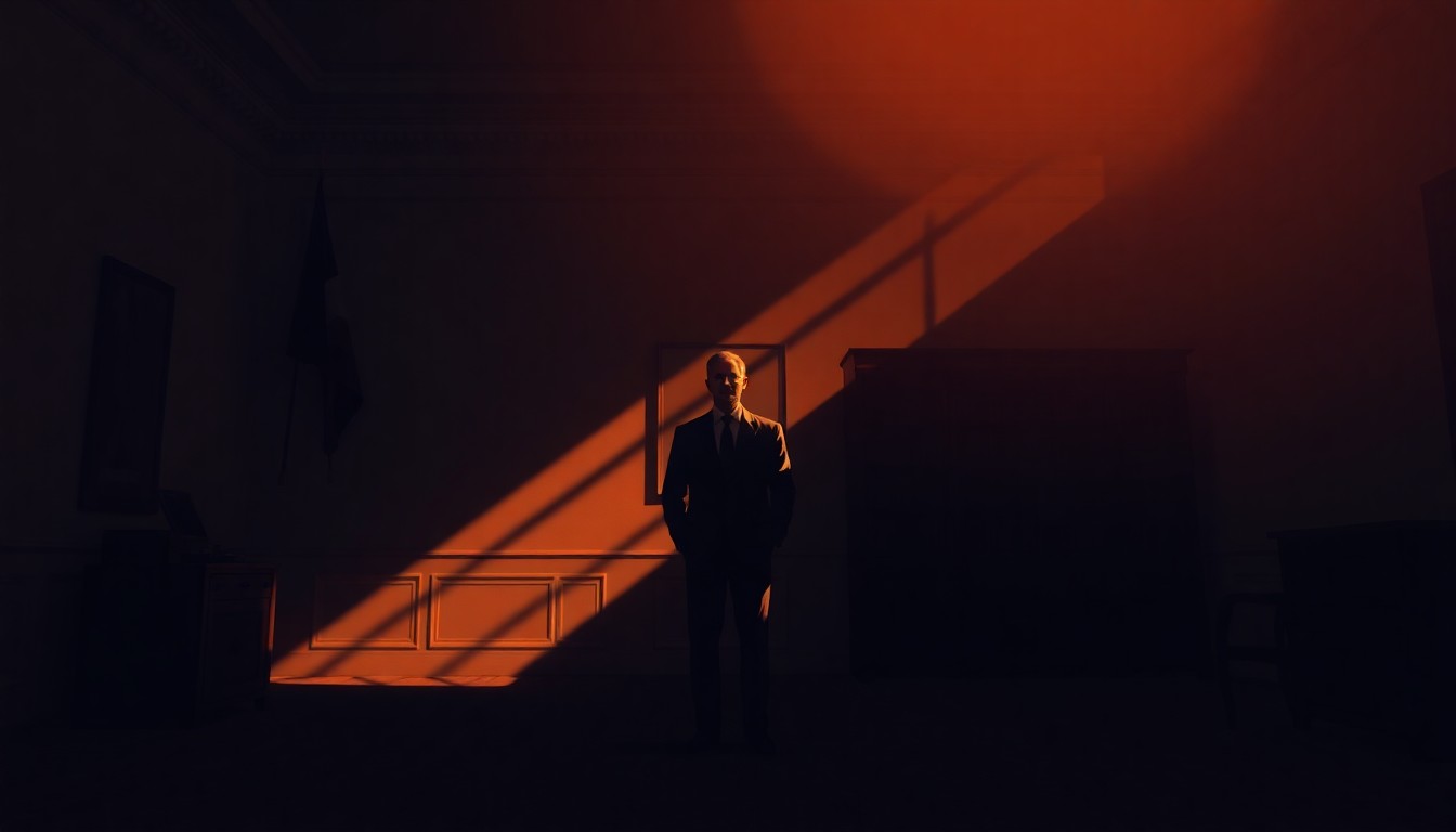 A cinematic, painterly illustration of a lone political figure standing in a dimly lit government office, the scene bathed in warm, diagonal sunlight and deep shadows, capturing a sense of solitude and contemplation.