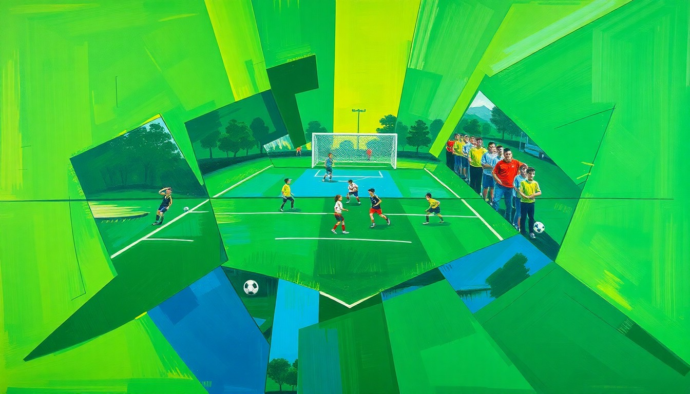 A fragmented, geometric painting depicting various high school sports moments, with players and equipment broken down into sharp, overlapping shapes and planes of color.
