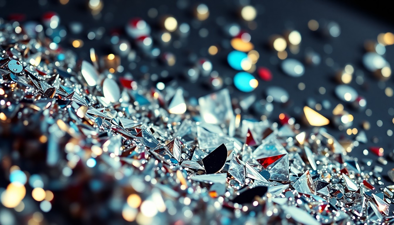 An abstract close-up image of shimmering sequins and shattered glass, captured in dramatic high-contrast lighting to evoke a sense of red-carpet glamour.
