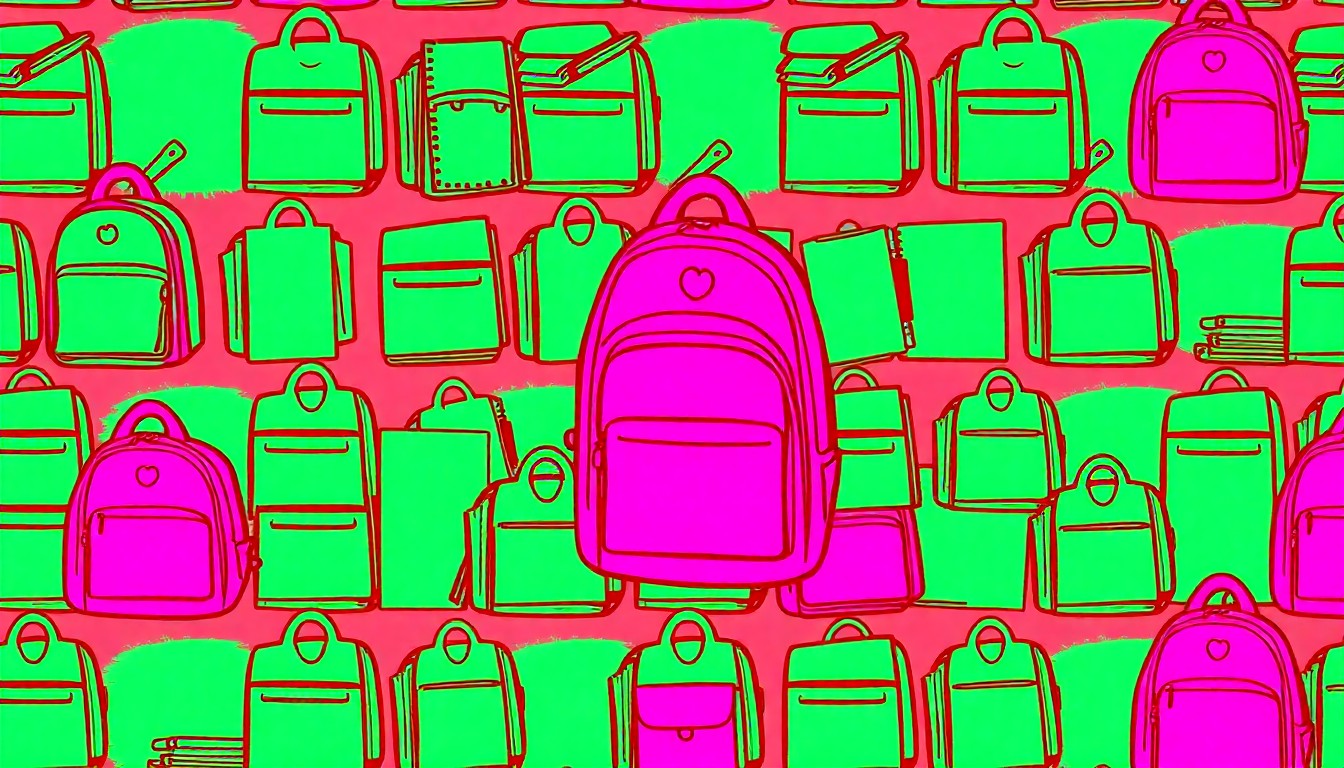 A grid of brightly colored, high-contrast silkscreen images of a single iconic school object such as a backpack or textbook, rendered in a modern pop art style with flat, unnatural colors and heavy black outlines, conceptually representing a community's mixed feelings about increased school funding.