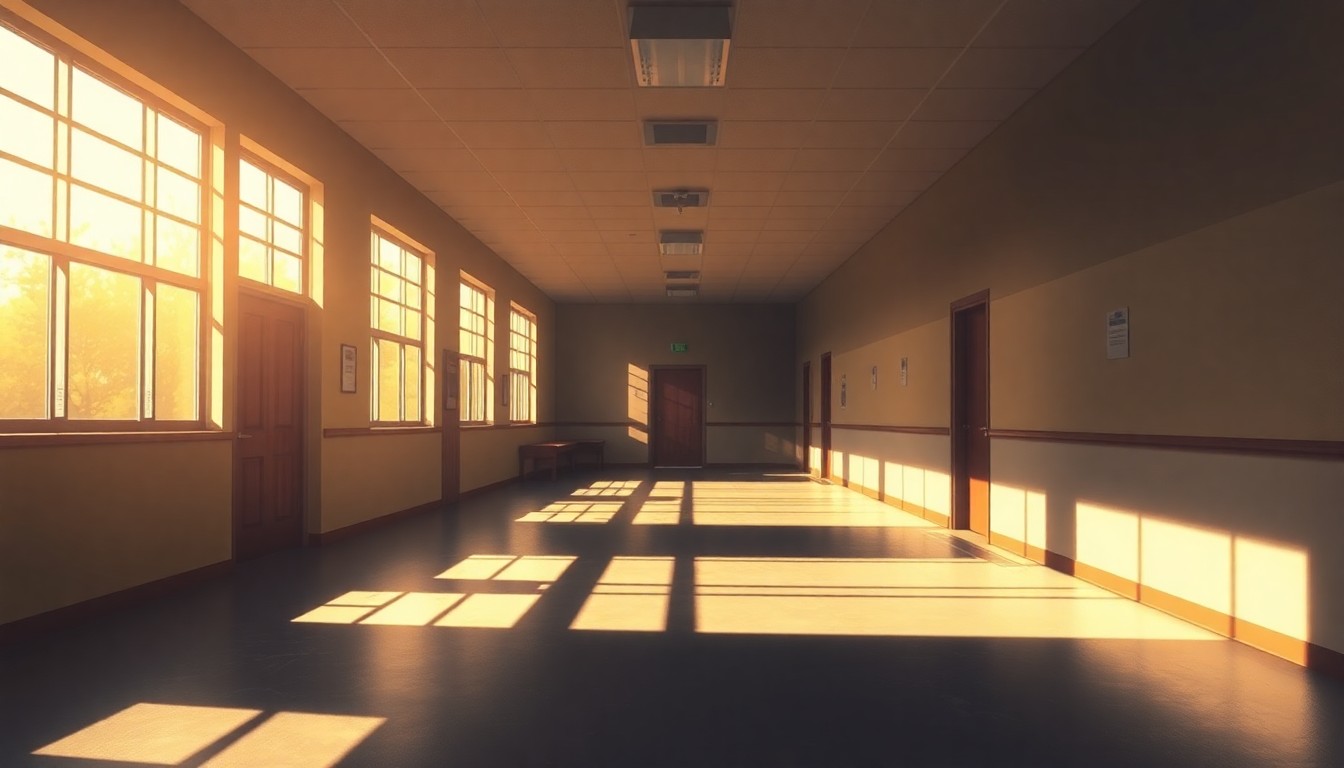 A serene, nostalgic painting of an empty school hallway or classroom, with warm lighting and deep shadows creating a contemplative mood around the local school board election.