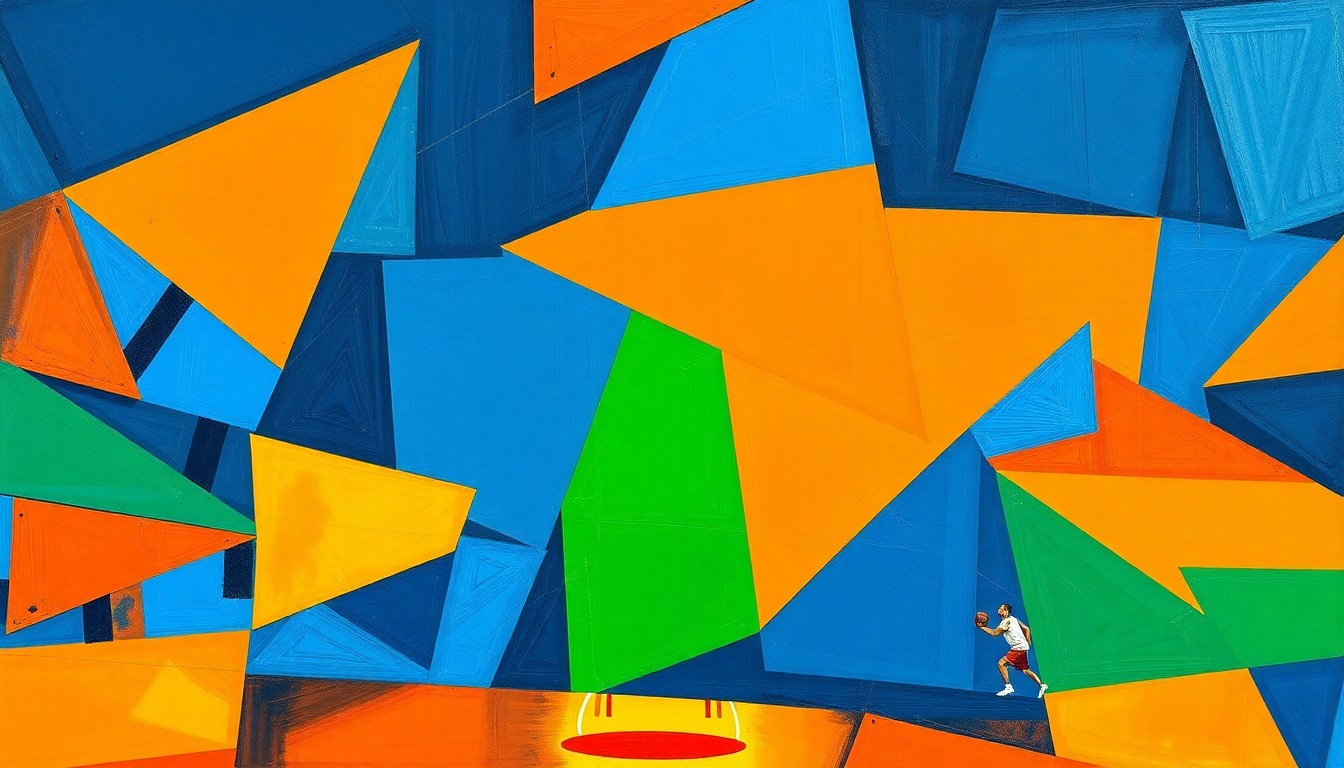 A fragmented, geometric painting in bold colors depicting the dynamic movements and competitive spirit of a high school basketball game.