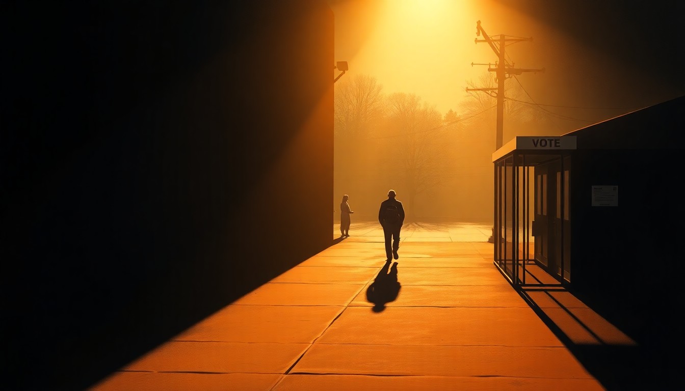 A serene, painterly scene of a single person walking away from a nondescript polling station, the scene bathed in warm, golden light and deep shadows, conveying the thoughtful, reflective mood of the Wisconsin Spring Election.