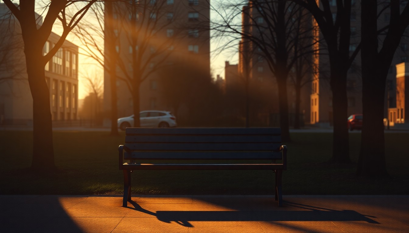 A serene, cinematic painting of a solitary park bench in an urban setting, with warm sunlight casting deep shadows across the scene, conceptually representing the city's efforts to protect vulnerable LGBTQ+ youth.