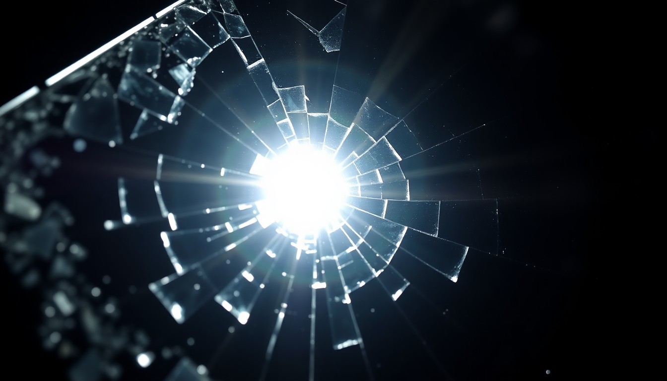 An extreme close-up photograph of a shattered car window reflecting the harsh glare of a camera flash, conceptually representing the aftermath of a fatal drunk driving crash.