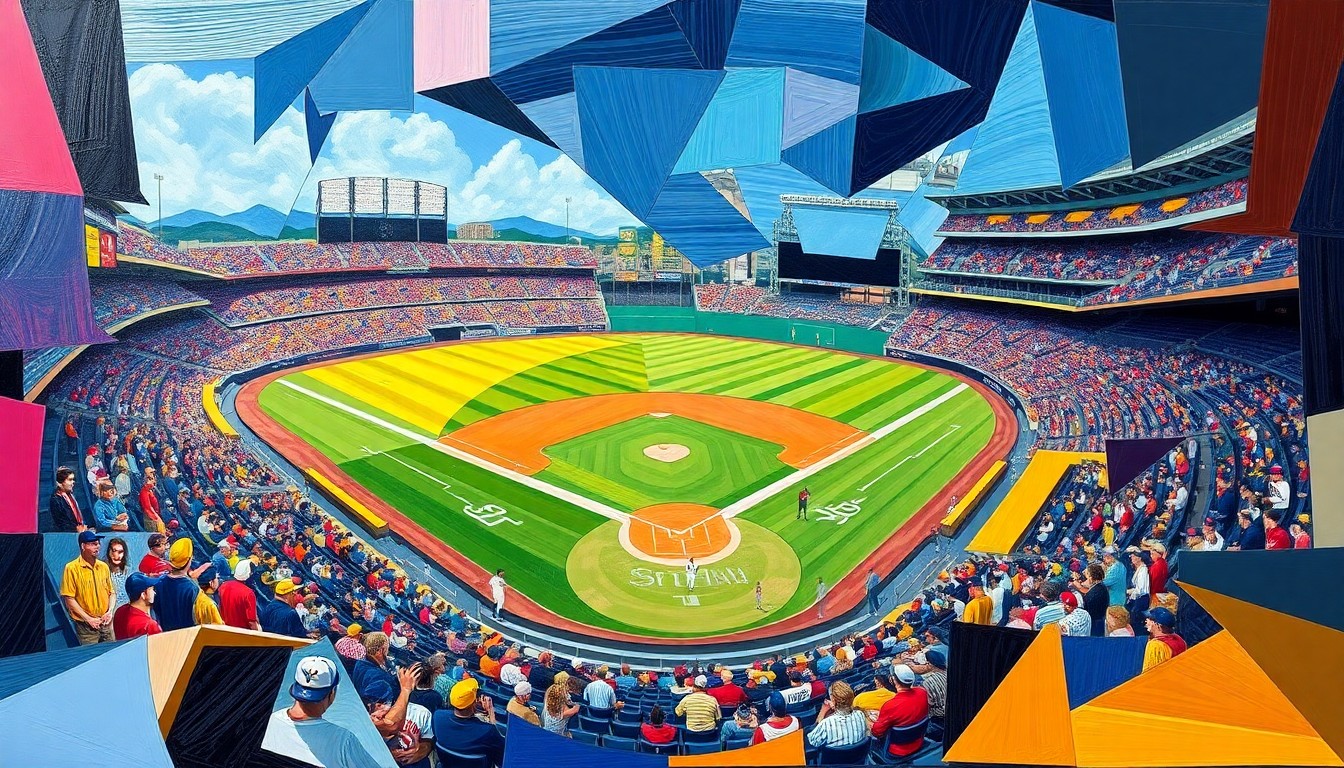 A fractured, multi-perspective painting in bold, clashing colors that breaks down a baseball game into sharp, overlapping geometric shapes, conceptually representing the competitive nature of minor league sports.