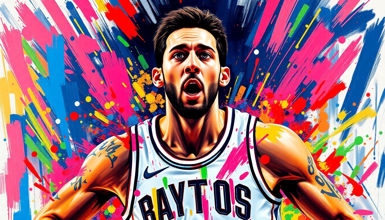An abstract, energetic painting in neon colors depicting the dynamic movements of a basketball player, with their features obscured in the expressionist style.