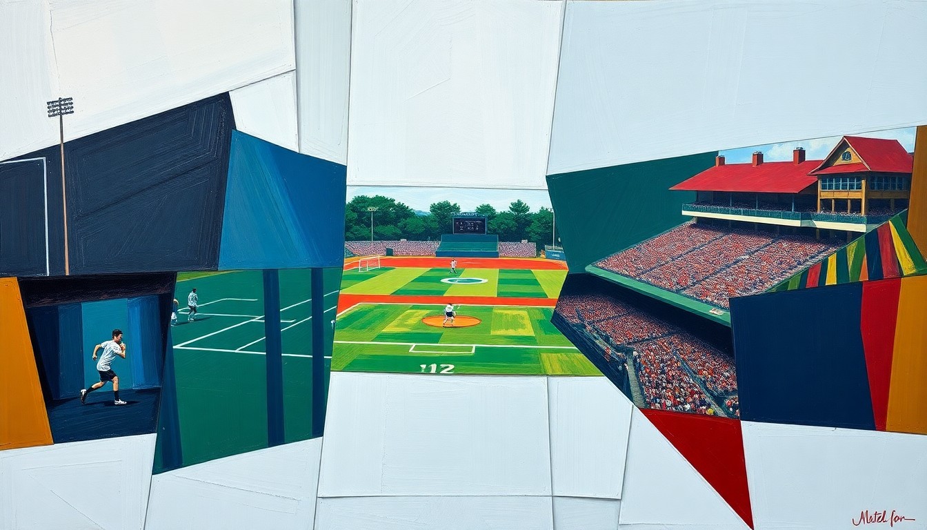 A fragmented, geometric painting depicting various sports scenes, including a soccer match, tennis competition, and baseball game, with sharp planes of navy, green, and red colors.