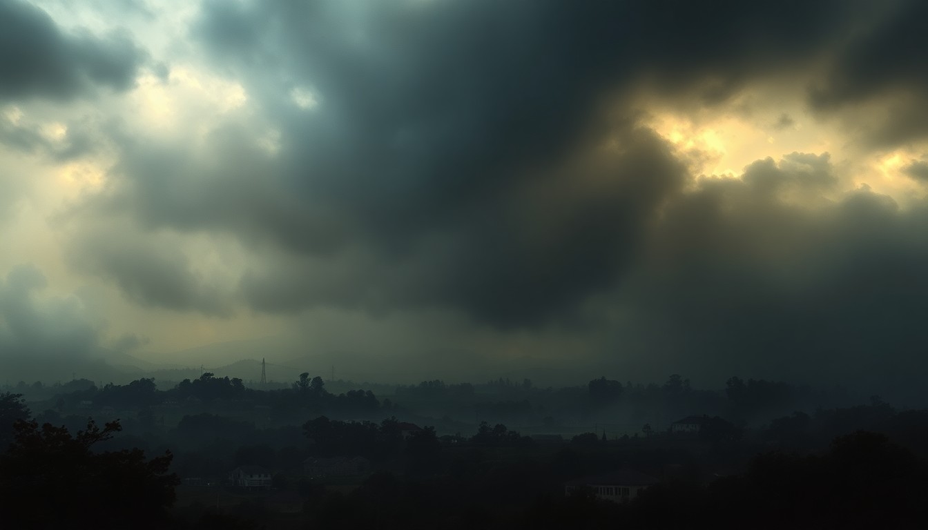 A sweeping, atmospheric landscape painting depicting a North Bay neighborhood shrouded in fog and mist, with only the faintest outlines of homes and buildings visible against the overwhelming power of nature.