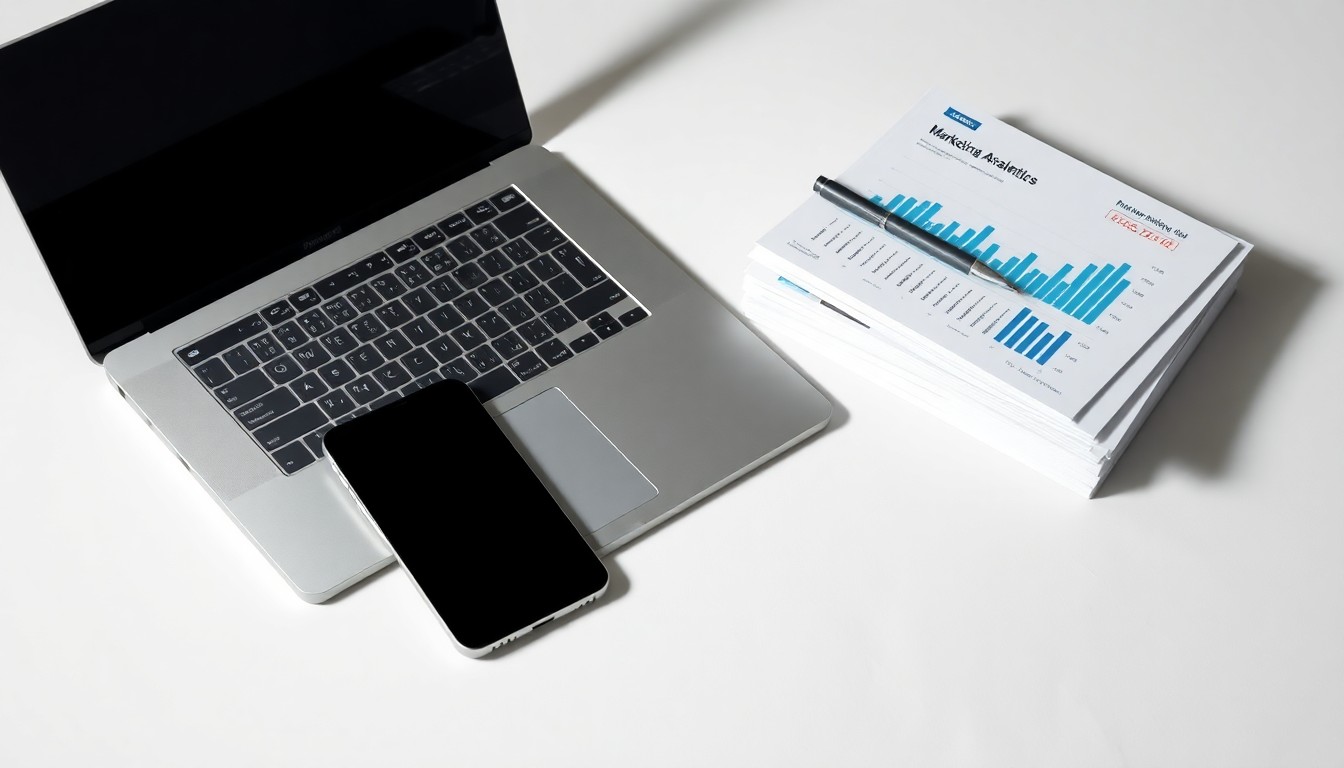 A high-end, photorealistic studio still-life photograph featuring a laptop, smartphone, and stack of marketing analytics reports arranged elegantly on a clean, white background, representing the data-driven, performance-focused approach to digital marketing described in the story.