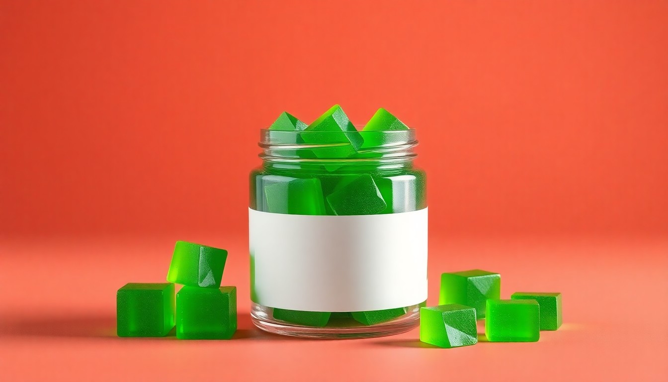 A high-end, photorealistic studio still-life photograph featuring a premium glass jar filled with vibrant green live rosin gummies, arranged elegantly on a clean, monochromatic seamless background, conceptually representing the premium, solventless nature of the product.