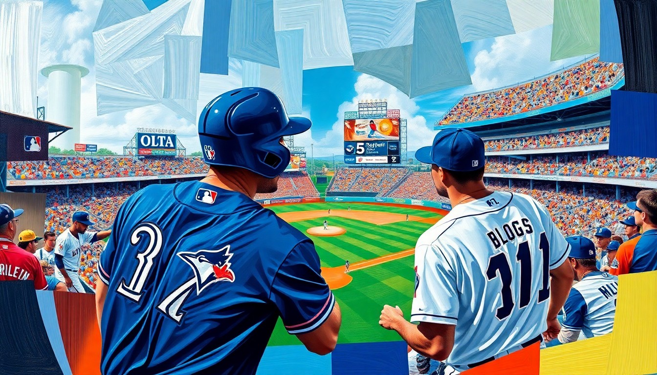 A fragmented, geometric painting depicting a baseball game, with the players and field broken down into sharp, overlapping shapes and planes in the style of Pablo Picasso. The vibrant colors of the uniforms stand out against the abstract background.