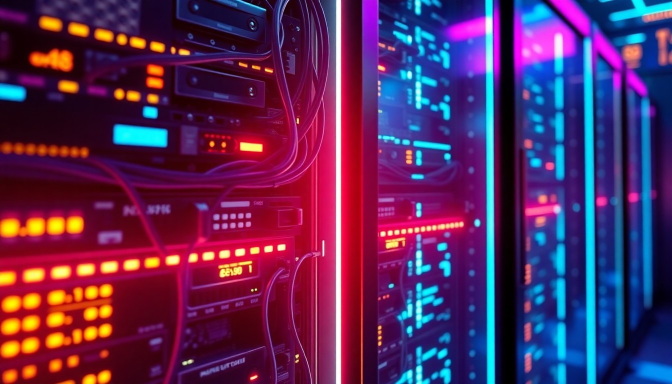 A highly detailed, glowing 3D illustration of a futuristic data center server rack, with intricate hardware components illuminated by neon cyan and magenta lights, conceptually representing the technological nature of the proposed AI facility.