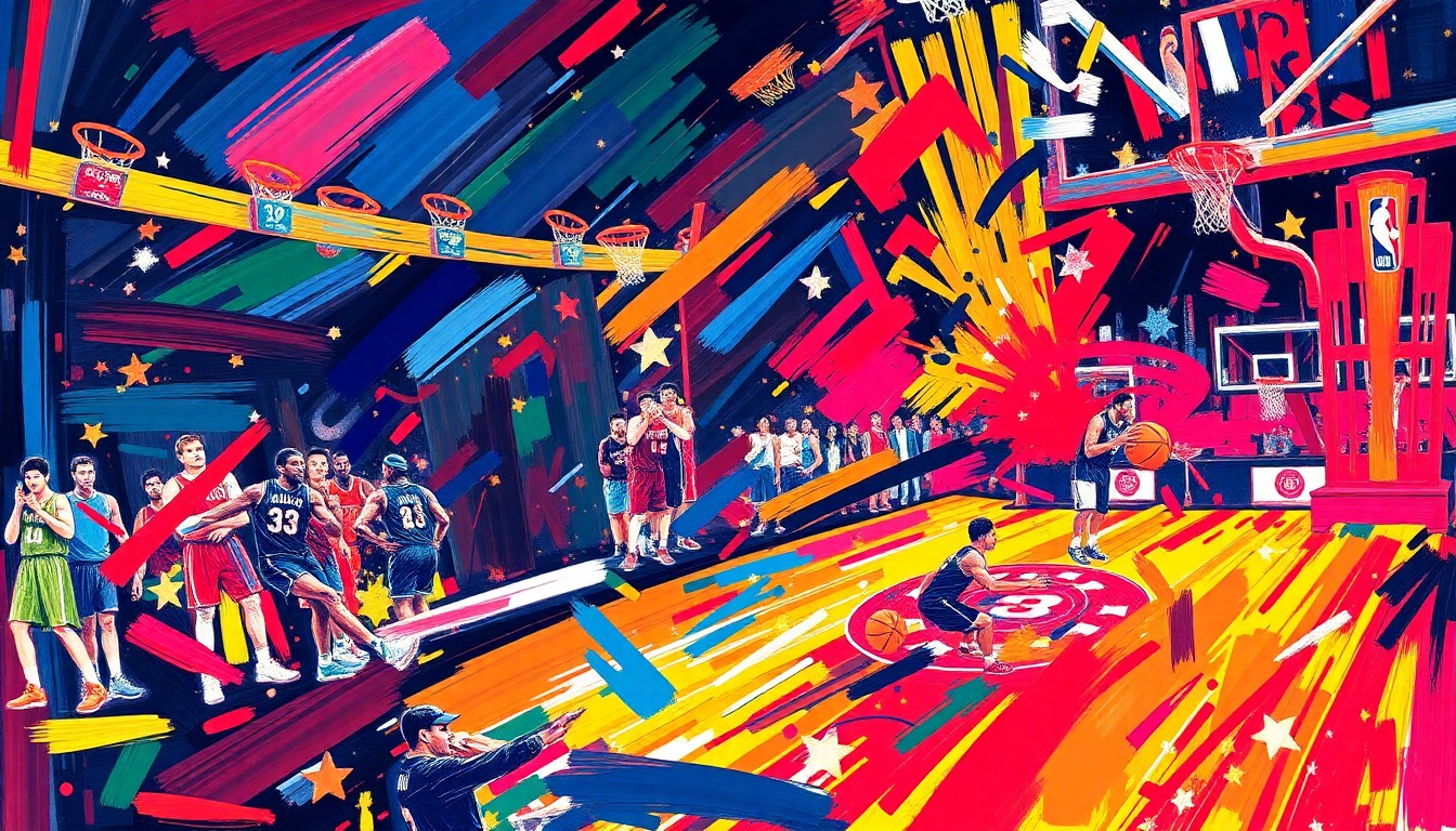 An abstract painting featuring vibrant, expressive brushstrokes in neon colors that evoke the fast-paced action and energy of a professional basketball game.