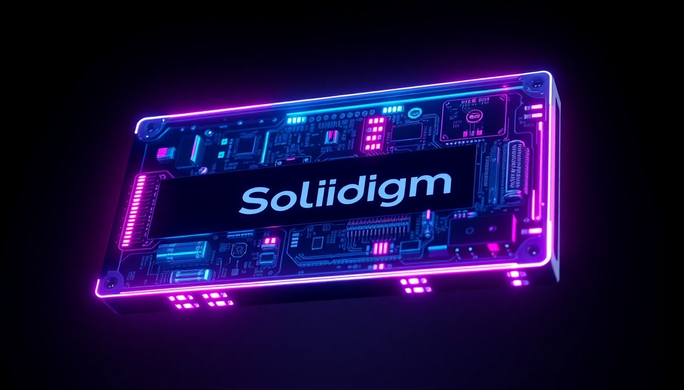 A highly detailed, glowing 3D illustration of a Solidigm solid-state drive, with neon cyan and magenta lights illuminating the intricate internal components and circuitry, symbolizing the power and complexity of data storage technology powering AI advancements.