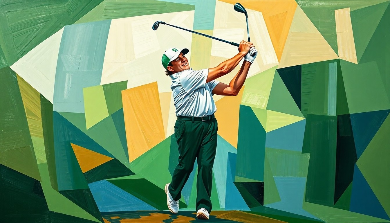 A cubist, geometric painting depicting Gary Woodland's golf swing and victory celebration, with sharp, overlapping planes in deep greens, browns, and blues, conveying the raw energy and determination of his comeback story.
