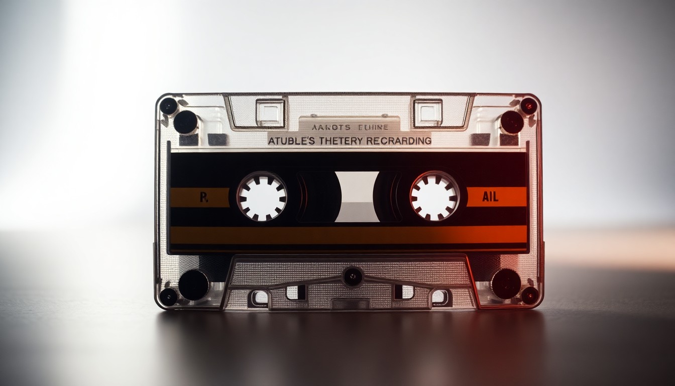 An extreme close-up photograph of a vintage cassette tape, with the magnetic tape and plastic shell captured in dramatic, high-contrast studio lighting, conceptually representing the analog origins of Jacobs' extensive concert recording collection.