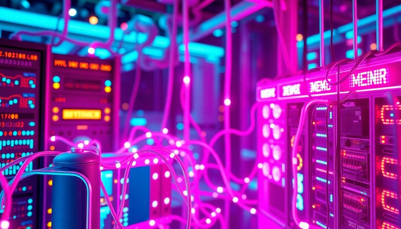 A highly detailed, 3D macro illustration of a futuristic decentralized social media network, with glowing servers, cables, and data centers in vibrant neon colors, conceptually representing the convergence of social and media in the Web3 paradigm.