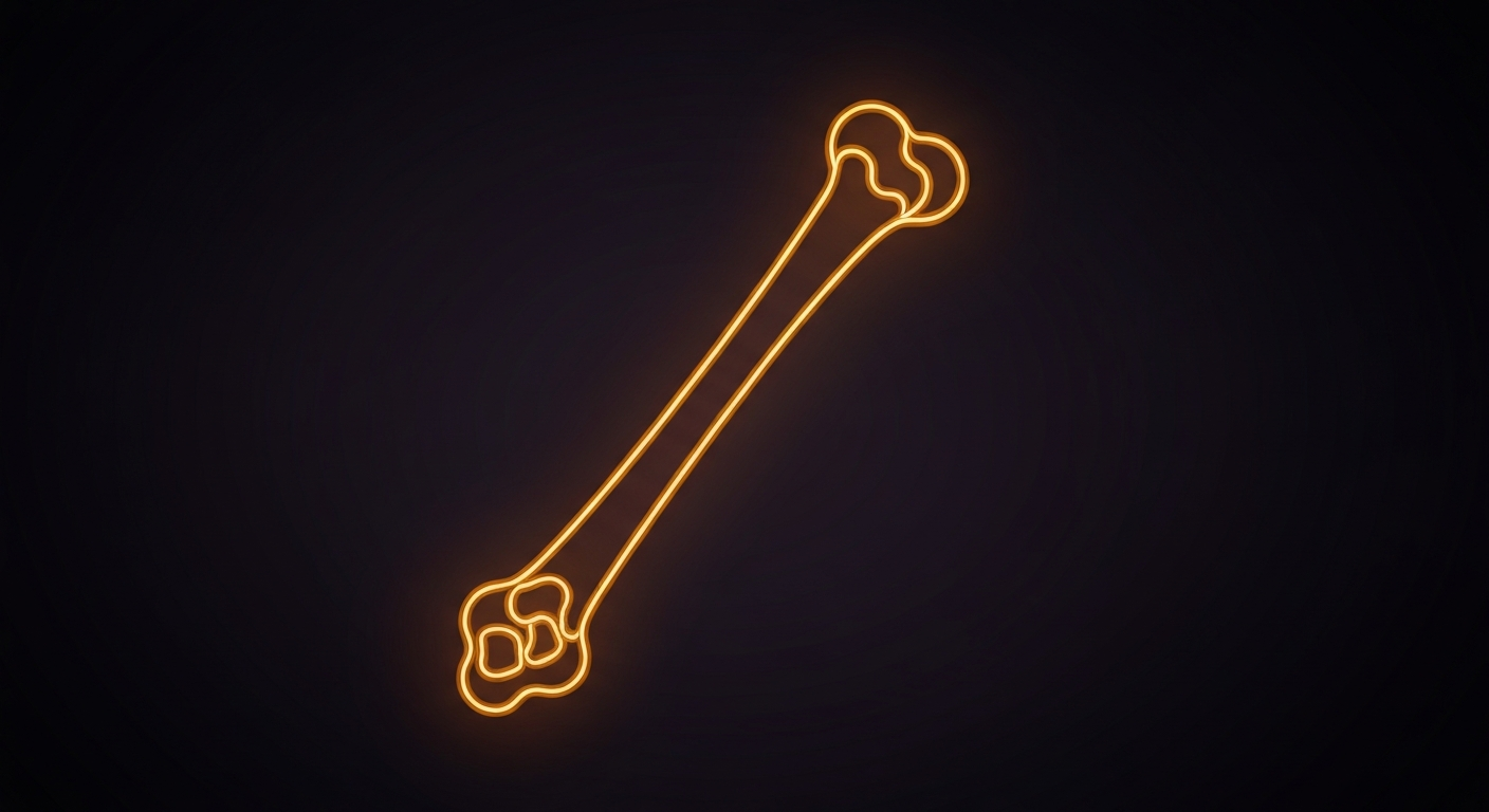 A minimalist, glowing neon outline of a human femur bone against a dark background, conceptually representing the enhanced bone bonding and antimicrobial properties of the turmeric-ginger extract developed by researchers.