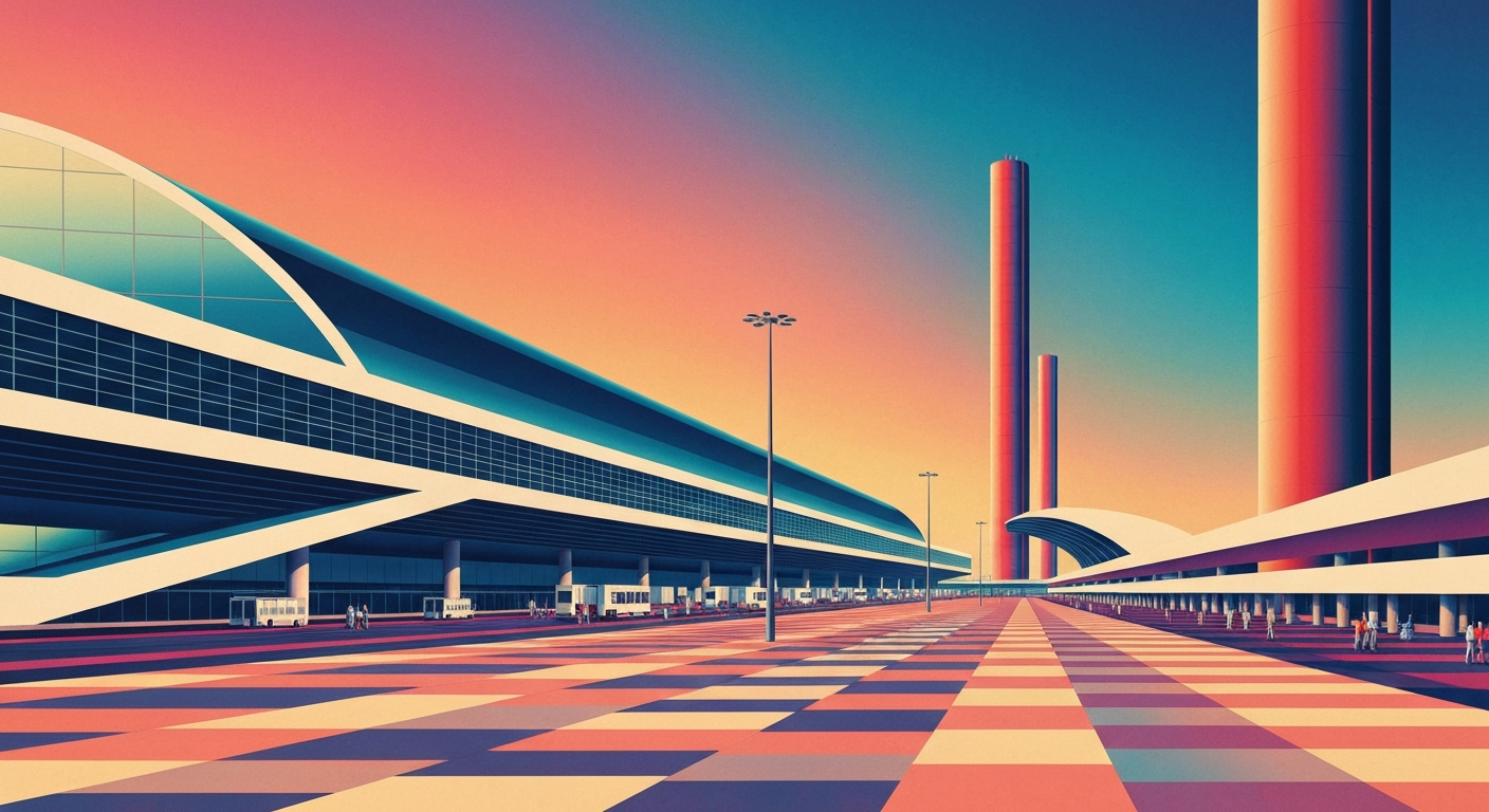 A highly stylized, geometric illustration depicting the towering architecture of Denver International Airport, with sweeping gradients of color and sleek, streamlined forms conveying the scale and impact of the power outage that disrupted hundreds of flights.