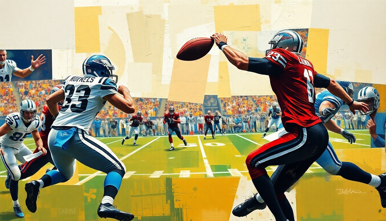 A cubist-style painting depicting a football player in motion, broken down into overlapping geometric shapes and planes of color, conveying the complex dynamics surrounding the quarterback's contract negotiations.