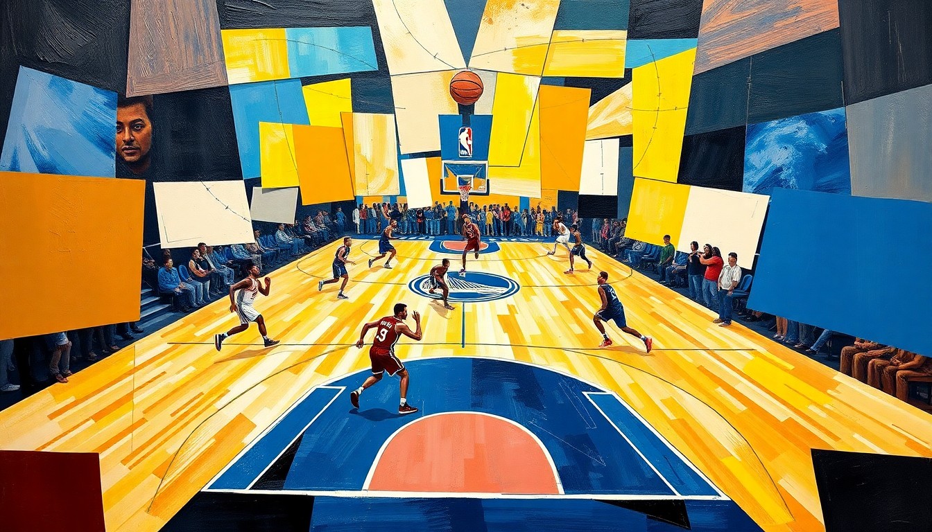 A fragmented, cubist-style painting depicting a basketball game, with the players' movements and the court's lines abstracted into sharp, overlapping geometric shapes and planes in a dynamic, multi-perspective composition.