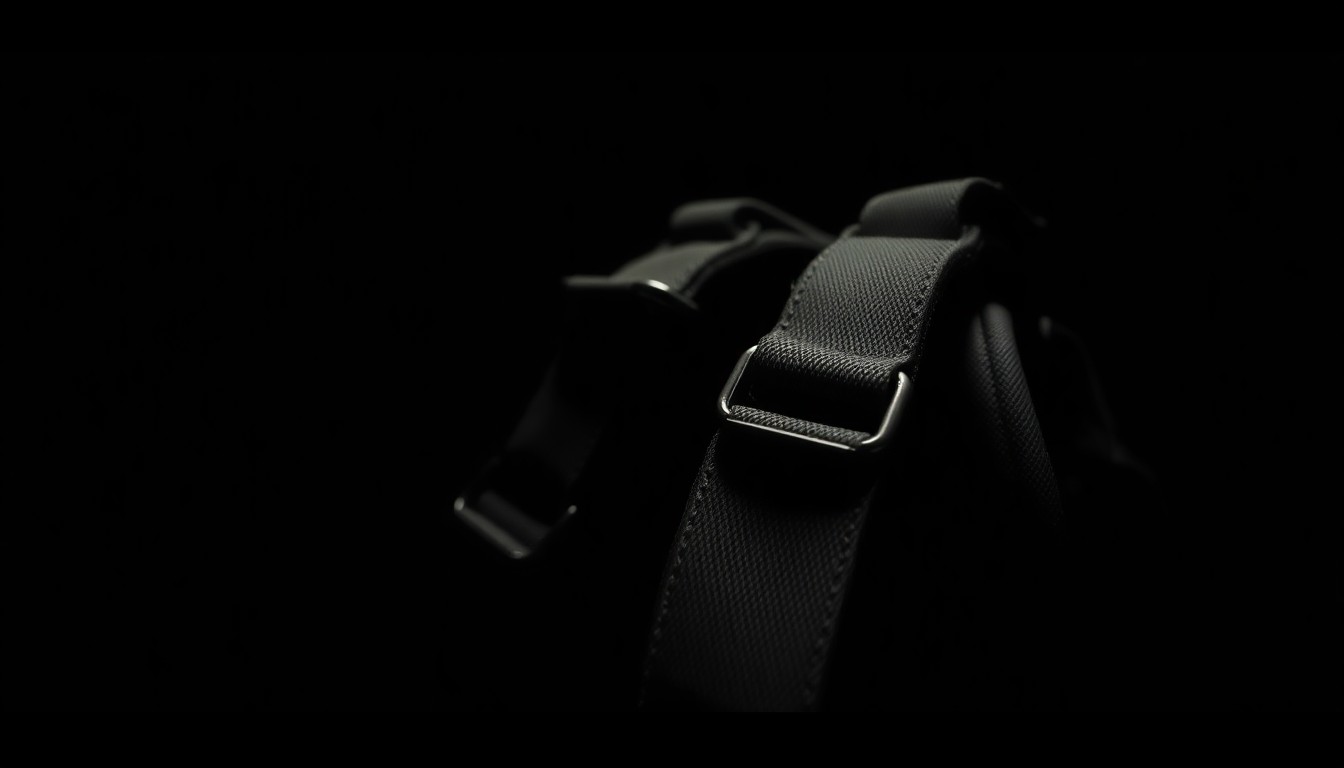 An extreme close-up photograph of a worn, weathered backpack strap against a pitch-black background, the harsh flash lighting creating dramatic shadows and textures that evoke a sense of abandonment and mystery surrounding the missing person's disappearance.