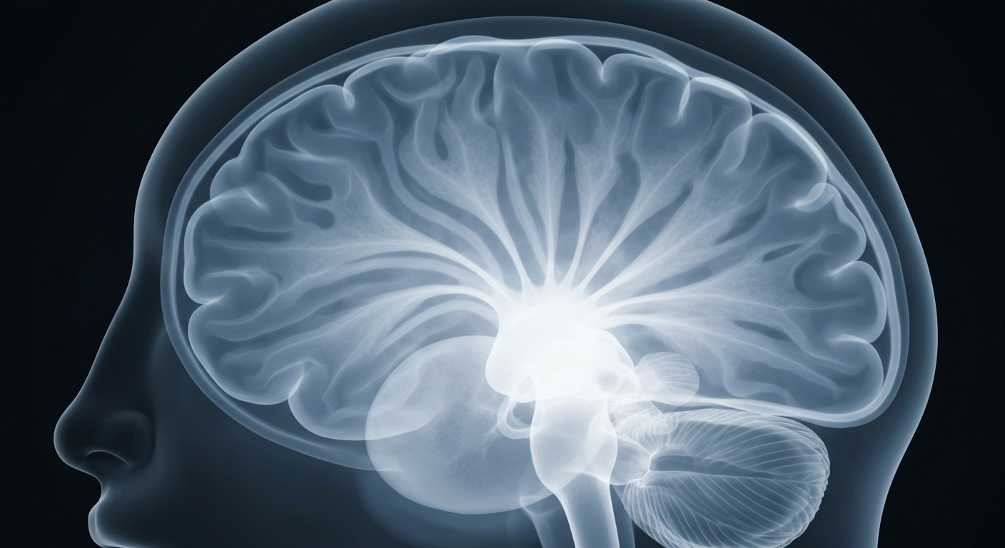 An extreme close-up, translucent X-ray image showing the intricate, glowing structures inside a human brain, conceptually illustrating the study's findings on how omega-3 fatty acids may affect brain recovery after injury.