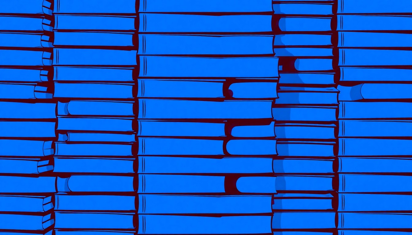 A vibrant, abstract grid of textbooks in shades of blue, representing the passage of school funding referendums in the Fox Cities region.