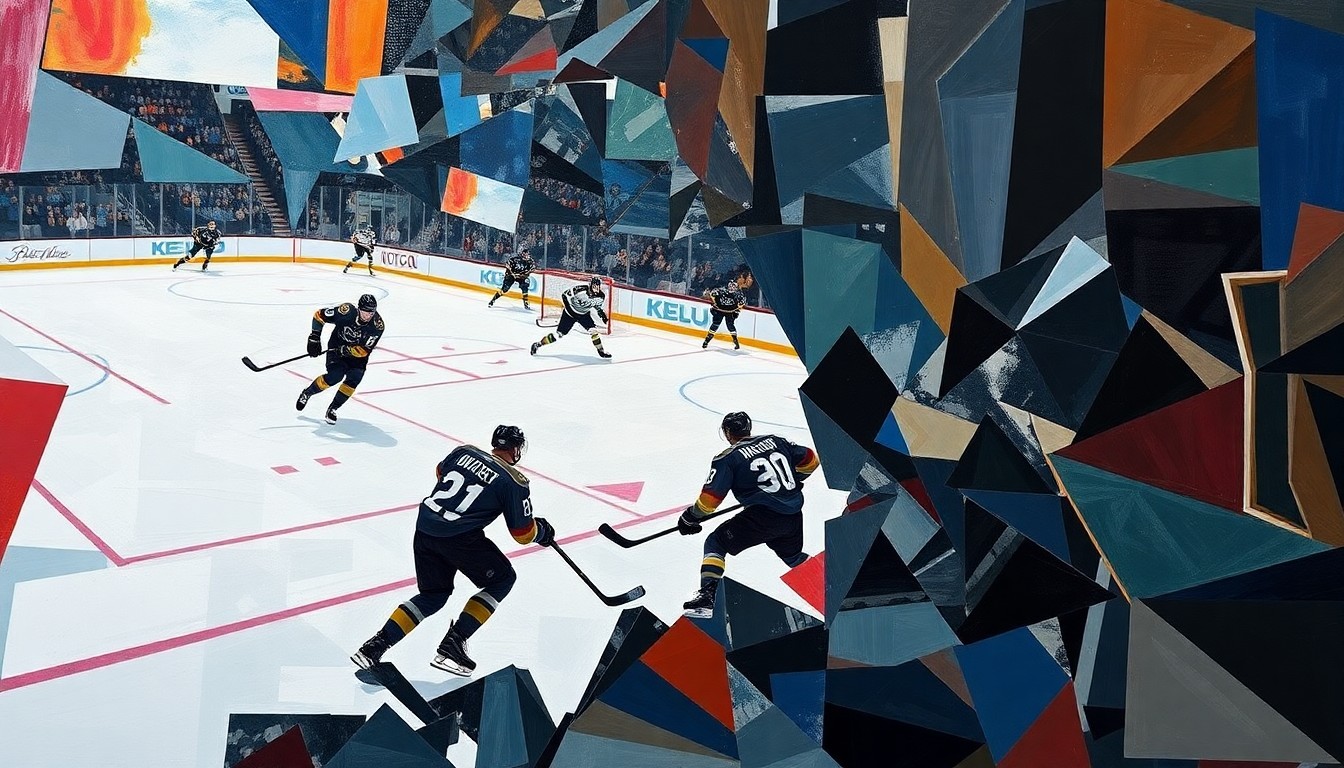 A fragmented, geometric painting depicting the dynamic movements and energy of a hockey game between two teams, with players and the puck represented as abstract shapes and planes of color.