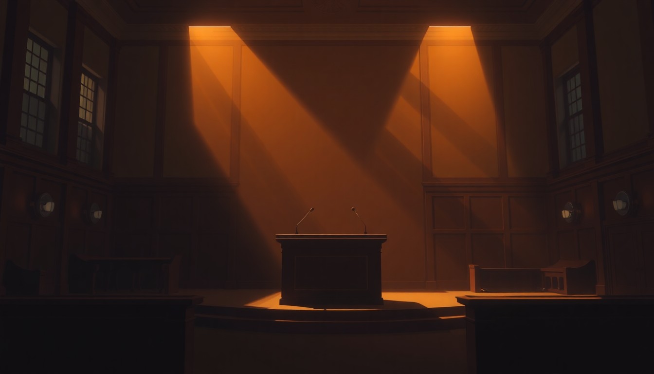 A dimly lit, cinematic painting of an empty city council chamber podium, with warm light streaming in through a window and deep shadows cast across the room, conceptually representing the transition of power in local government.