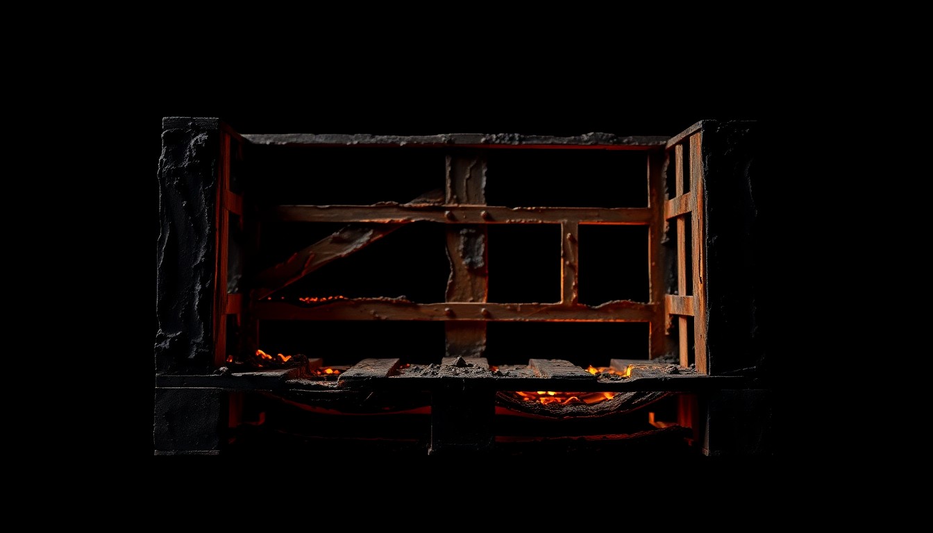 An extreme close-up of a charred, twisted metal pallet frame against a pitch-black background, conveying the gritty aftermath of a pallet yard fire through dramatic lighting and texture.
